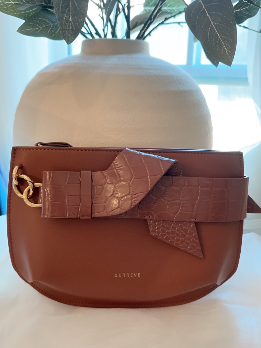 Senreve 3-Way Bag Chestnut Brown Leather Shoulder Bag with Croc-Embossed